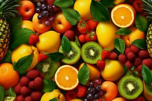 Over-head Fruit background topview. Generate Ai photo