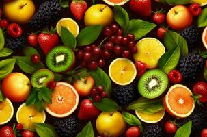 Colorful Fruit background topview. Generate Ai photo