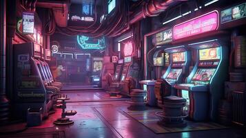 Generative AI, Cyberpunk style game bar or cafe. Night scene of big city, futuristic nostalgic 80s, 90s. Neon lights vibrant colors, photorealistic horizontal photo