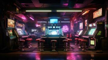 Generative AI, Cyberpunk style game bar or cafe. Night scene of big city, futuristic nostalgic 80s, 90s. Neon lights vibrant colors, photorealistic horizontal photo