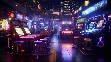 Generative AI, Cyberpunk style game bar or cafe. Night scene of big city, futuristic nostalgic 80s, 90s. Neon lights vibrant colors, photorealistic horizontal photo