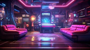 Generative AI, Cyberpunk style game bar or cafe. Night scene of big city, futuristic nostalgic 80s, 90s. Neon lights vibrant colors, photorealistic horizontal photo