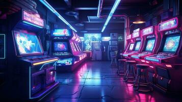 Generative AI, Cyberpunk style game bar or cafe. Night scene of big city, futuristic nostalgic 80s, 90s. Neon lights vibrant colors, photorealistic horizontal photo