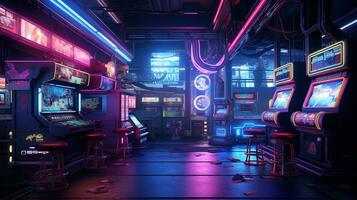 Generative AI, Cyberpunk style game bar or cafe. Night scene of big city, futuristic nostalgic 80s, 90s. Neon lights vibrant colors, photorealistic horizontal photo