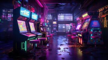 Generative AI, Cyberpunk style game bar or cafe. Night scene of big city, futuristic nostalgic 80s, 90s. Neon lights vibrant colors, photorealistic horizontal photo