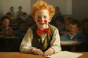 Boy clown smiling at school lesson. Generate Ai photo