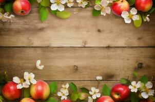 Apple wooden flower background. Generate Ai photo