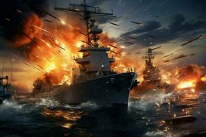 Modern military ship attacking fire. Generate Ai photo