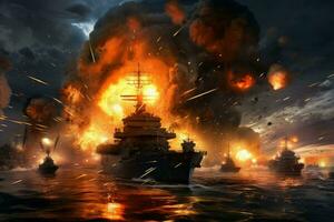 Modern military ship fire attacking. Generate Ai photo