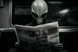 Intriguing alien read newspaper. Generate Ai photo