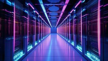 Generative AI, Data Center, modern high technology server room in neon colors. Modern telecommunications, cloud computing, artificial intelligence, database. photo