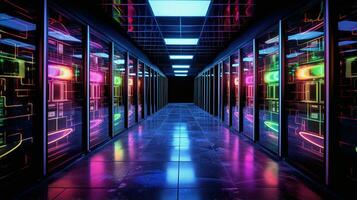 Generative AI, Data Center, modern high technology server room in neon colors. Modern telecommunications, cloud computing, artificial intelligence, database. photo