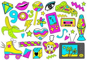 Set of 90s retro devices in modern acid psychedelic style. Nostalgia for 1990s. cassette, game console, roller skates, electronics. Vector illustration.