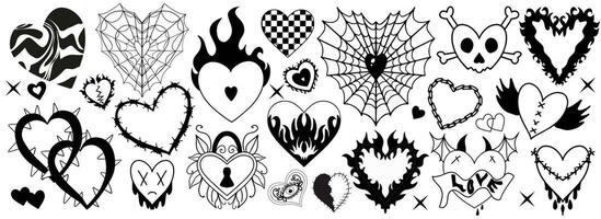 y2k 2000 linda emo godo corazones pegatinas, tatuaje Arte elementos . Clásico negro melancólico conjunto corazón. gótico concepto de Siniestro amor. vector ilustración.