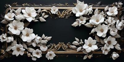 Generative AI, vintage frame with white flowers, futuristic victorian, black background photo