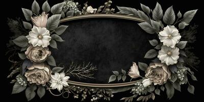 Generative AI, vintage frame with white flowers, futuristic victorian, black background photo