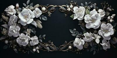 Generative AI, vintage frame with white flowers, futuristic victorian, black background photo