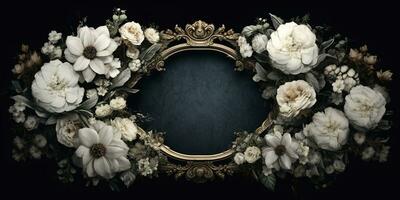 Generative AI, vintage frame with white flowers, futuristic victorian, black background photo