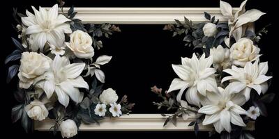 Generative AI, vintage frame with white flowers, futuristic victorian, black background photo