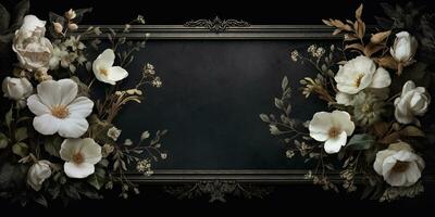 generativo ai, Clásico marco con blanco flores, futurista victoriano, negro antecedentes foto