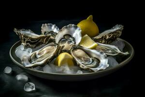 Fresh oysters ice lemon food. Generate Ai photo