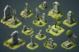 Isometric gravestones set. Generate Ai photo