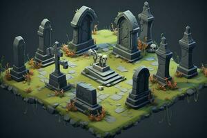 Isometric gravestones set game assets. Generate Ai photo