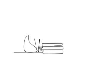 Animated self drawing of continuous line draw young happy graduate male college student wearing graduation uniform, giving thumbs up gesture in front of books stack. Full length single line animation video