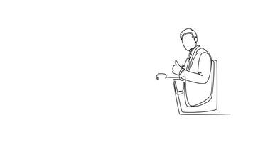 Animated self drawing of continuous line draw group of young happy businessmen and businesswomen siting on same desk together giving thumbs up gesture. Business meeting. Full length one line animation video