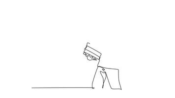 Self drawing animation of single line draw young happy elementary school boy student carrying stack of books and giving thumbs up gesture. Kids education. Continuous line draw. Full length animated video