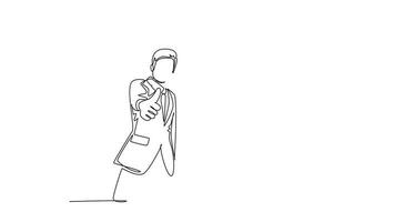 Animated self drawing of continuous line draw group of young happy businessmen standing together and giving thumbs up gesture pose. Business owner teamwork concept. Full length single line animation video