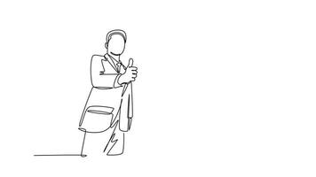 Self drawing animation of single line draw businessmen wearing suit standing up together after meeting and giving thumbs up gesture. Business owner teamwork. Continuous line draw. Full length animated video