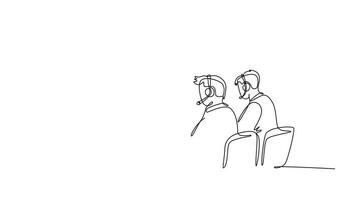 Self drawing animation group of male and female call center workers sitting in front of computer with thumbs up gesture. Customer service business concept. Continuous line draw. Full length animated video