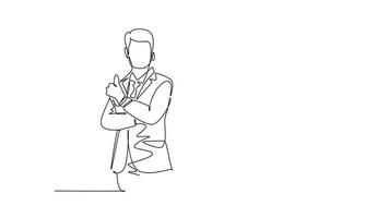 animiert selbst Zeichnung von kontinuierlich Linie zeichnen Gruppe von jung glücklich Geschäftsleute tragen passen geben Daumen oben Geste. Geschäft Inhaber Umgang mit ein Zusammenarbeit Konzept. voll Länge Single Linie Animation video
