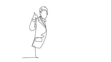 Self drawing animation of single line draw young happy couple businessman and businesswoman giving thumbs up gesture. Business teamwork and collaboration. Continuous line draw. Full length animated video