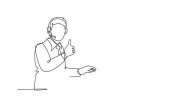 Animated self drawing continuous line draw group of male and female call center worker sitting in front of computer with thumbs up gesture. Customer service business. Full length single line animation video