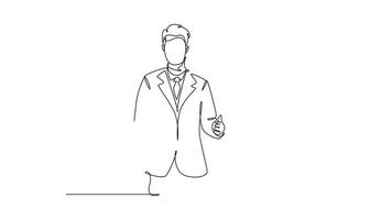 Animated self drawing of continuous line draw group of line up young and happy businessmen standing up together and giving thumbs up gesture. Business teamwork concept. Full length one line animation video