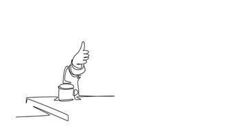 Animated self drawing of continuous line draw young businessman sitting on chair in front of laptop and giving thumbs up gesture. Success business manager concept. Full length single line animation video