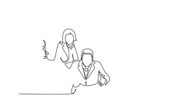 Self drawing animation of single line group of line up young businessmen and businesswoman standing together giving thumbs up gesture or pose from top view. Continuous line draw. Full length animated video