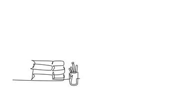 Animated self drawing of continuous line draw young happy boy student study diligently beside the stack of books and giving thumbs up gesture pose. Education concept. Full length single line animation video