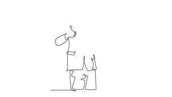 Animated self drawing of continuous line draw young happy business man carrying stack of books on his hand and giving thumbs up gesture. Business education concept. Full length single line animation video