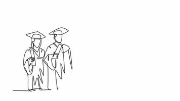 Self drawing animation of single line draw group of happy graduate male and female college student wearing gown and holding diploma certificate paper. Education. Continuous line. Full length animated video