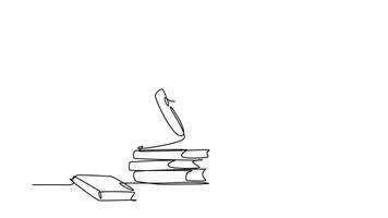 Animated self drawing of continuous line draw young happy graduate male college student wearing graduation uniform, giving thumbs up gesture in front of books stack. Full length single line animation video