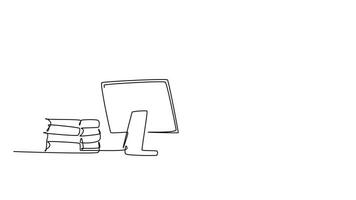 Animated self drawing of continuous line draw young happy smart male college student studying in front of computer and gives thumbs up gesture. Graduate student concept. Full length one line animation video