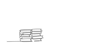 Animated self drawing of continuous line draw young happy smart male student giving thumbs up gesture on pile of books and gives thumbs up gesture. Education concept. Full length single line animation video