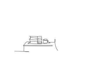 Self drawing animation of single line draw young happy male college student sitting on desk beside stack of books on library university. Education concept. Continuous line draw. Full length animated video