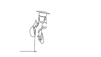 animado auto desenhando do contínuo linha desenhar jovem feliz casal masculino e fêmea aluna vestindo graduação uniforme, segurando a diploma certificado papel. Educação. cheio comprimento solteiro linha animação video