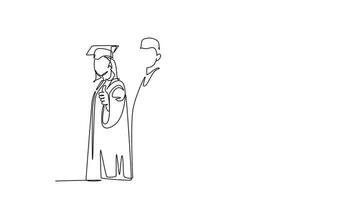 zelf tekening animatie single lijn trek groep van gelukkig afstuderen mannetje en vrouw college leerling vervelend gewaad, Holding diploma certificaat papier. onderwijs. doorlopend lijn tekenen. vol lengte geanimeerd video