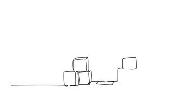 animado auto desenhando do contínuo linha desenhar jovem feliz pequeno Garoto jogando pilha do alfabeto enigma quadra em mesa e dando polegares acima gesto dentro Jardim da infância aula. cheio comprimento 1 linha animação video
