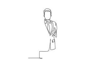 Animated self drawing of continuous line draw group of young happy couple businessman and businesswoman standing up together with thumb up gesture. Business teamwork. Full length single line animation video